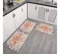 Lot de 2 tapis de cuisine rembourrés anti-fatigue, antidérapants et imperméables en polyester avec motif bohème pour protéger le sol devant l'évier ou la cuisinière (fleurs et couleurs)