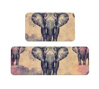 Lot de 2 tapis de cuisine rembourrés avec trois éléphants dans un fond rétro pour décoration d'intérieur, évier, tapis de cuisine antidérapant et lavable, blanchisseur 43,2 x 119,2 cm + 43,2 x 76,2 cm