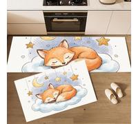Lot De 2 Tapis De Cuisine Renard Mignon À L'Aquarelle Dessins Animés Étoiles Nuages | Tapis Cuisine Bleu Clair Durables Lavables Doux Absorbants Antidérapants Pour Évier Buanderie Salle De Bain