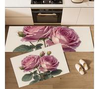 Lot De 2 Tapis De Cuisine Roses Roses Feuilles Vertes, Antidérapants, Super Absorbants, Lavables, Tapis De Cuisine Fleurs À L'Aquarelle Pour évier De Cuisines, Buanderie 45x75cm+45x150cm, Rose