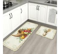 Lot de 2 tapis de cuisine rustiques, motif citrouilles, planche à découper en maïs, doux et lavable pour évier, buanderie, salle de bain, couloir - Beige automne
