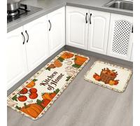 Lot de 2 tapis de cuisine rustiques, motif citrouilles, théière à l'ail, orange automne, tapis de sol rembourré, doux et lavable pour évier, buanderie, salle de bain, entrée