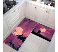 Lot De 2 Tapis De Cuisine Samouraï du Ciel Nocturne Antidérapant Lavable, Absorbe l'eau l'huile Tapis De Cuisine Magenta pour Buanderie Chambre Coucher, Sakura Japonais, 40X60Cm+40X120Cm