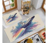 Lot de 2 Tapis de Cuisine Science-Fiction Illustration Lavable en Machine, Bleu Tapis de Sol Navette Spatiale Nuages Antidérapante Facile À Nettoyer, pour Cuisine Salon Couloir 43x75cm+43x150cm