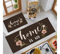 Lot de 2 Tapis de Cuisine Simple Élégant antidérapants, Tapis de Cuisine Brun Foncé des Mots des Fleurs Absorbe l'eau et l'huile, pour l'intérieur Chambre à Coucher Couloir 50x80cm+50x150cm