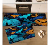 Lot de 2 Tapis de Cuisine Style Graffiti Pop, 50x80cm+50x150cm Antidérapants, Lavables Tapis Cuisine Devant Evier Citrouille Et Chauve-Souris Absorbant pour Manger, Couloir, Buanderie, Bleu profond