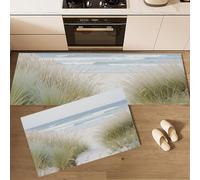 Lot de 2 Tapis de Cuisine Style Nordique, antidérapants, Absorbe l'eau et l'huile Tapis de Cuisine Plages Dunes De Sable Herbe pour l'intérieur, Blanc, 44x75cm+44x120cm