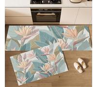 Lot De 2 Tapis De Cuisine Style Tropical, antidérapants Absorbe, Oiseau Rose du Paradis Tapis De Sol pour Éviers De Cuisine, Buanderie Et Salle De Bain 50x80cm+50x150cm, Vert Sauge