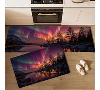 Lot de 2 Tapis de Cuisine sur Le Merveilles Naturelles, antidérapants Absorbe, Aurore Boréale Forêt Montagnes Tapis de Sol pour éviers de Cuisine, buanderie et Salle de Bain 44x75cm+44x120cm, Rouge