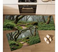 Lot de 2 Tapis de Cuisine sur Le Paysage Forestier, antidérapants Absorbe, Sentiers Forestiers Tapis de Sol pour éviers de Cuisine, buanderie et Salle de Bain 44x75cm+44x120cm, Vert