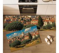 Lot de 2 Tapis de Cuisine sur Le Paysage Urbain, antidérapants Absorbe, Ville Européenne Tapis de Sol pour éviers de Cuisine, buanderie et Salle de Bain 50x80cm+50x150cm, Orange-Rouge