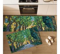 Lot de 2 Tapis de Cuisine sur Le Style de Peinture à l'huile, antidérapants Absorbe, Bâtiment Jaune Chemin Bordé D'Arbres Tapis de Sol pour éviers de Cuisine, buanderie 50x80cm+50x150cm, Vert