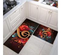 Lot De 2 Tapis De Cuisine Thème Musical Antidérapants Absorbe Clé De Sol Floral Tapis De Sol pour Éviers De Cuisine, Buanderie Et Salle De Bain 50x80cm+50x150cm, Or