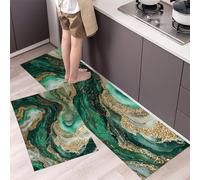 Lot De 2 Tapis De Cuisine Tourbillon De Marbre Doré Antidérapant Lavable, Absorbe l'eau Tapis De Cuisine Art Abstrait Fluide pour Couloir Cuisines Chambre, Vert Émeraude, 44x75cm+44x120cm