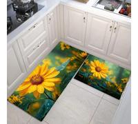 Lot De 2 Tapis De Cuisine Tournesol Naturel Antidérapant Lavable, Absorbe l'eau l'huile Tapis De Cuisine Vert Émeraude pour Buanderie Chambre Coucher, Forêt De Saison des Pluies, 50X80Cm+50X150Cm