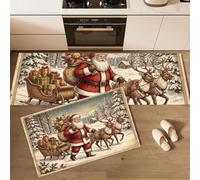 Lot de 2 Tapis de Cuisine Ville Noël D'Hiver, Lavable en Machine | Tapis Cuisine Devant Evier Maison Européen Père Noël Antidérapante, Absorbante, Résistante à Tache pour Couloir, Salle à Manger