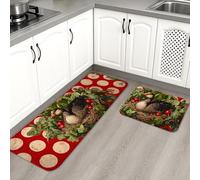 Lot de 2 tapis de cuisine vintage doux pour sol, motif à pois rouges et nid de canard, rembourré, confortable, lavable, antidérapant pour cuisine, évier, buanderie, salle de bain