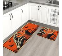 Lot de 2 tapis de cuisine vintage gothique, motif squelette de citrouille, orange, moelleux, lavable, antidérapant pour cuisine, évier, buanderie, salle de bain