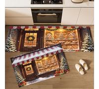 Lot de 2 Tapis de Cuisine Vitrine Desserts Noël, 45x75cm+45x150cm | Tapis de Sol Boutique Pain Rue Noël Antidérapants, Doux et Facile à Nettoyer pour Buanderie, Couloir, Chambre à Coucher, Rouge