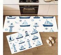 Lot De 2 Tapis De Cuisine Voilier Rayures Phare, Antidérapants, Super Absorbants, Lavables, Tapis De Cuisine Style Nautique De Dessin Animé Pour évier De Cuisines, Buanderie 45x75cm+45x150cm, Bleu