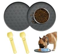 Lot de 2 tapis de gamelle pour chat - 27,5 x 27,5 cm - En silicone rond - Avec bord surélevé - Tapis de gamelle pour chien - Imperméable et antidérapant - Avec empreintes de chien et deux mangeoires