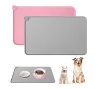 Lot de 2 tapis de gamelle pour chien et chat - En silicone imperméable et antidérapant - Pour chien et chat - 48 x 30 cm - Noir et gris (rose + gris, 48 x 30 cm)