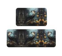 Lot de 2 tapis de rembourrage motif oiseaux et fleurs noirs - Une bonne aide pour se tenir debout dans la cuisine et antidérapant dans la salle de bain