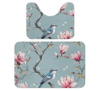 Lot de 2 tapis de salle de bain absorbants motif fleurs de magnolia - Tapis de toilette et tapis de bain antidérapant avec tapis contour WC et tapis contour WC