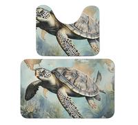 Lot de 2 tapis de salle de bain absorbants, tapis de bain et tapis de WC antidérapants avec tapis contour WC Motif carte de tortue de mer