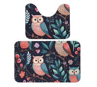 Lot de 2 tapis de salle de bain avec motif hibou, oiseau et fleur, tapis de toilette absorbant et tapis de bain antidérapant avec tapis contour WC