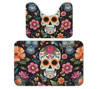 Lot de 2 tapis de salle de bain Day Of The Dead - Motif tête de mort - Tapis de toilette absorbant et tapis de bain antidérapant avec tapis contour WC