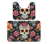 Lot de 2 tapis de salle de bain Day Of The Dead - Motif tête de mort - Tapis de toilette absorbant et tapis de bain antidérapant avec tapis contour WC