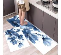 Lot de 2 Tapis de Sol Anti-Fatigue Fleurs D'Été Tapis de Cuisine Antidérapant et Lavable Rectangulaire Carpet Fleur D'Encre Simple pour Décoration de la Maison et du Bureau, 43x75cm+43x150cm, Indigo