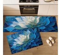 Lot de 2 Tapis de Sol Anti-Fatigue Peinture À L'Huile Sur Porcelaine Bleue Blanche Tapis de Cuisine Antidérapant Carpet Pétales Lotus pour Décoration de la Maison et du Bureau, 45x75cm+45x150cm, Bleu