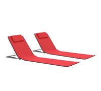 Lot De 2 Tapis Plage Pliants Acier Rouge Avec Repose-Tête Poche Rangement