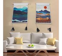 Lot de 2 tapisseries de montagne avec pompons pour suspension murale en lin et coton pour chambre à coucher, bureau, dortoir et salon