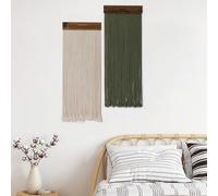 Lot de 2 tapisseries murales en macramé vert bohème avec pompons beiges faites à la main pour chambre à coucher, salon, café, bureau, studio de yoga, dortoir, couloir, 78 x 30 cm