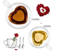 Lot de 2 Tasse à Café Double paroi en forme de cœur de 180ml + 240ml - Pour café, cappuccino, latte, pour couples parents