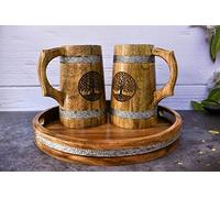 Lot de 2 tasses à bière indiennes pour lui - Style viking - 20 OZ - Tasse à bière en bois dur naturel - Cadeau de mariage et d'anniversaire pour lui (plateau en bois de mangue)