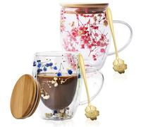 Lot de 2 tasses à café à double paroi avec fleur séchée, verres à double paroi de 350 ml avec anse, tasses en verre à double couche, tasses à café fleurs séchées, verres à macchiato avec fleurs