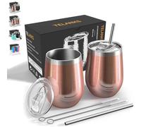Lot de 2 tasses à café à emporter en acier inoxydable - 350 ml - Avec paille et couvercle - Gobelets isothermes réutilisables - Pour café, thé, vin et cocktails, or rose