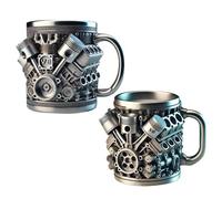 Lot de 2 tasses à café en acier inoxydable motif moteurs V8 et V6 réalistes, tasses à café créatives 3.D rétro pour les amateurs de course et les fans de voiture
