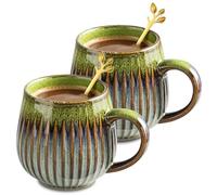 Lot de 2 tasses à café en céramique, 500 ml, vintage, avec cuillère à feuille d'or, tasses à thé avec anse, en porcelaine, tasses à cappuccino, tasses à café à latte (vert)