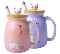 Lot de 2 tasses à café en céramique avec couvercle Kawaii et cuillère - Cadeau pour les amoureux des chats et filles (rose + violet)