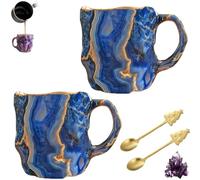 Lot de 2 tasses à café en cristal minéral avec cuillère à café, tasse à café en cristal minéral avec poignée, 400 ml, onyx fantaisie mignonne, tasses à café en cristal pour café, lait et thé, bleu