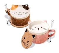 Lot de 2 Tasses à Café en Forme de Chat Kawaii Avec Couvercles Cadeaux D'anniversaire pour Femme Tasse à Café Fantaisie en Céramique pour Les Amoureux des Chats Cadeaux de Noël D'anniversaire pour