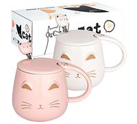 Lot de 2 tasses à café en forme de chat mignon avec couvercle et cuillère en forme de chat Pour les amoureux des chats Pour filles et femmes - Cadeau de Noël ou d'anniversaire 450 ml Blanc et rose