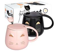 Lot de 2 tasses à café en forme de chat mignon avec couvercle et cuillère en forme de chat Pour les amoureux des chats Pour filles et femmes - Cadeau de Noël ou d'anniversaire 450 ml Noir et rose