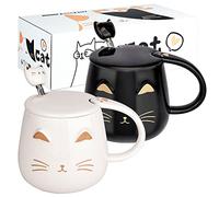 Lot de 2 tasses à café en forme de chat mignon avec couvercle et cuillère en forme de chat Pour les amoureux des chats Pour filles et femmes - Cadeau de Noël ou d'anniversaire 450 ml Blanc et noir