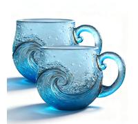 Lot de 2 tasses à café en verre soufflé à la main avec motif texturé, fabriqué à la main sur le thème de l'océan (bleu)